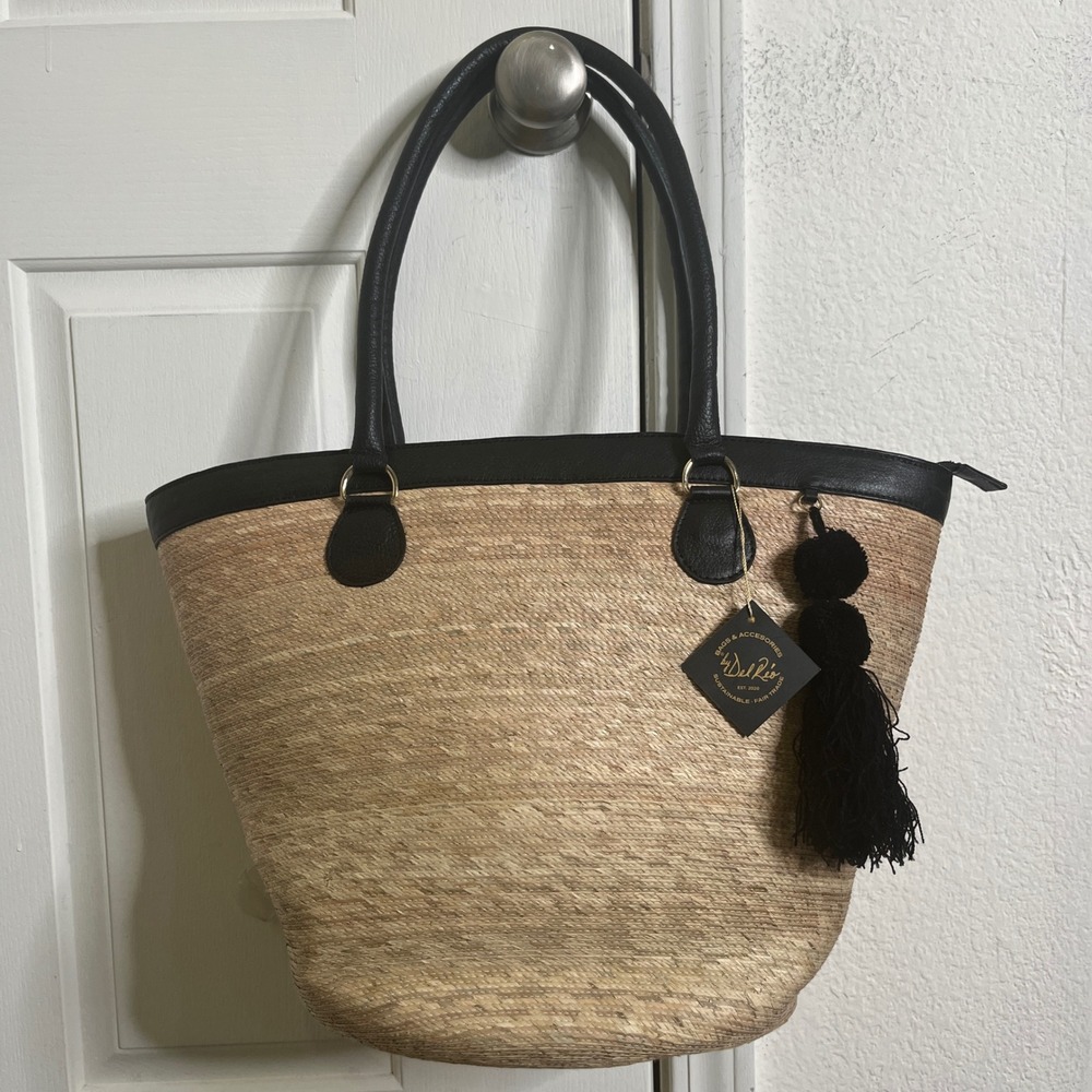 $202 By Del Rio Straw Tote Bag Large Natural Black Sustainable Woven Tassel‎